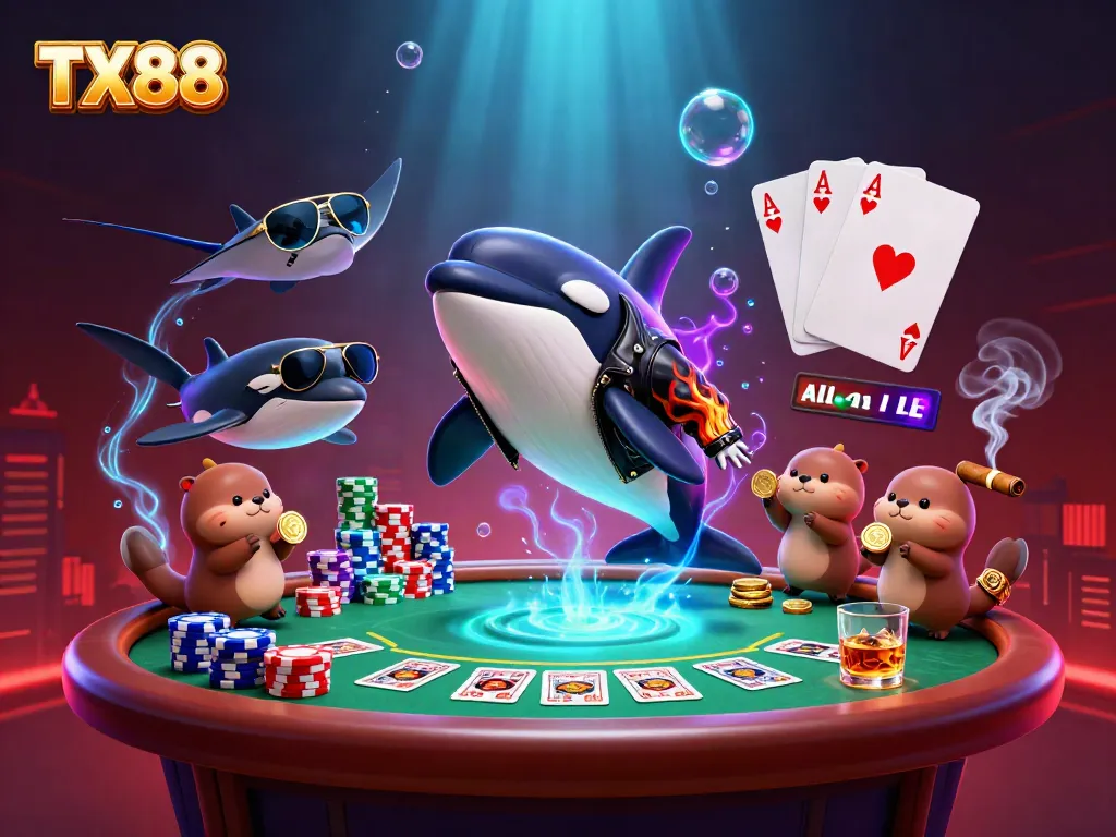 Experience the thrill at TX88 with a vibrant casino scene featuring dynamic characters and casino elements.