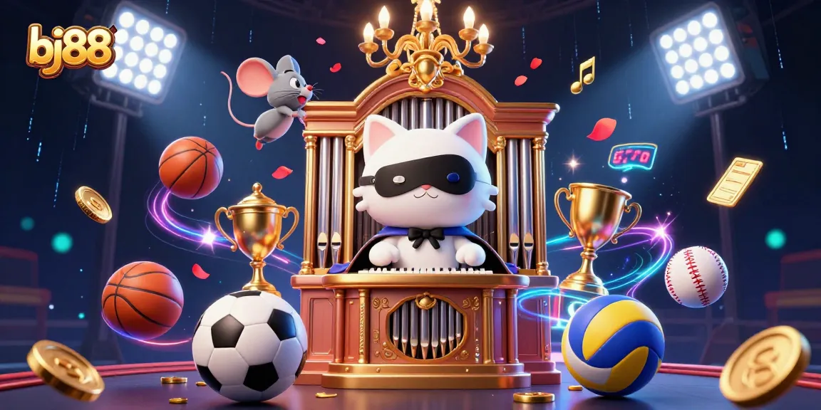 Bet on bj88 with immersive 3D visuals illustrating a lively casino atmosphere filled with sports elements.