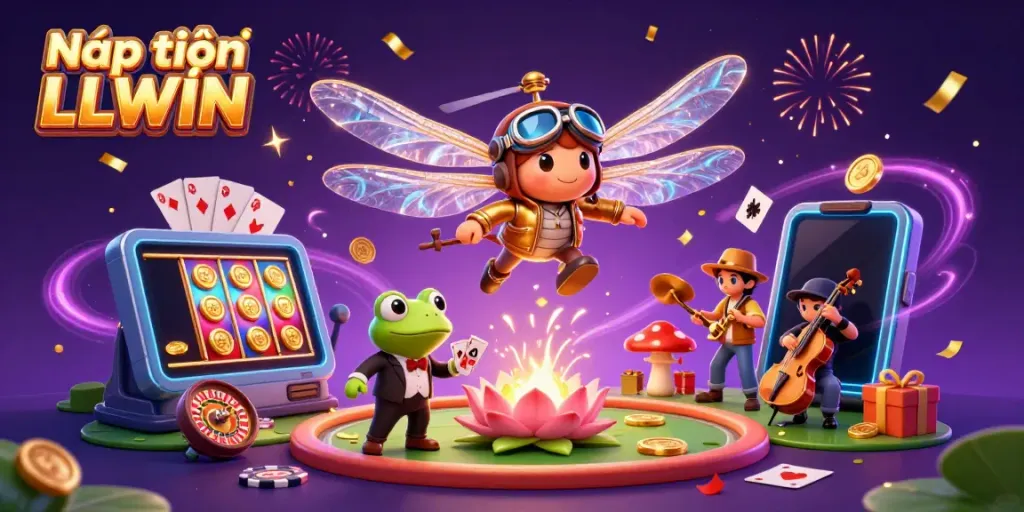 Engaging illustration of Nạp tiền LLWIN with a dragonfly pilot, frog dealer, and musicians, creating a vibrant casino ambience.
