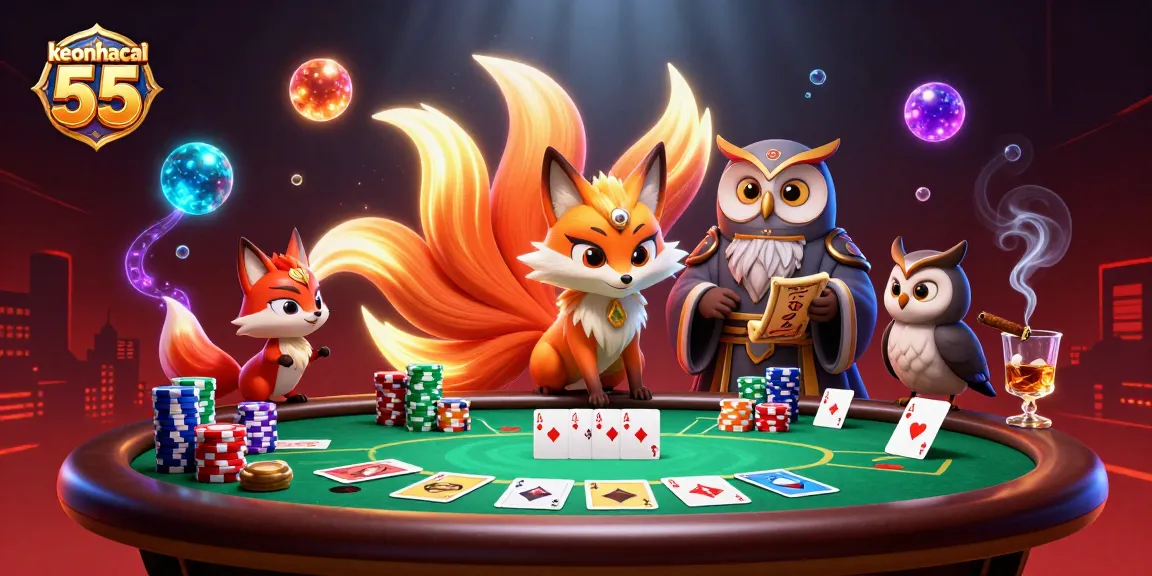 Experience the vibrant action of keonhacai 55 with lively poker elements and mystical characters.