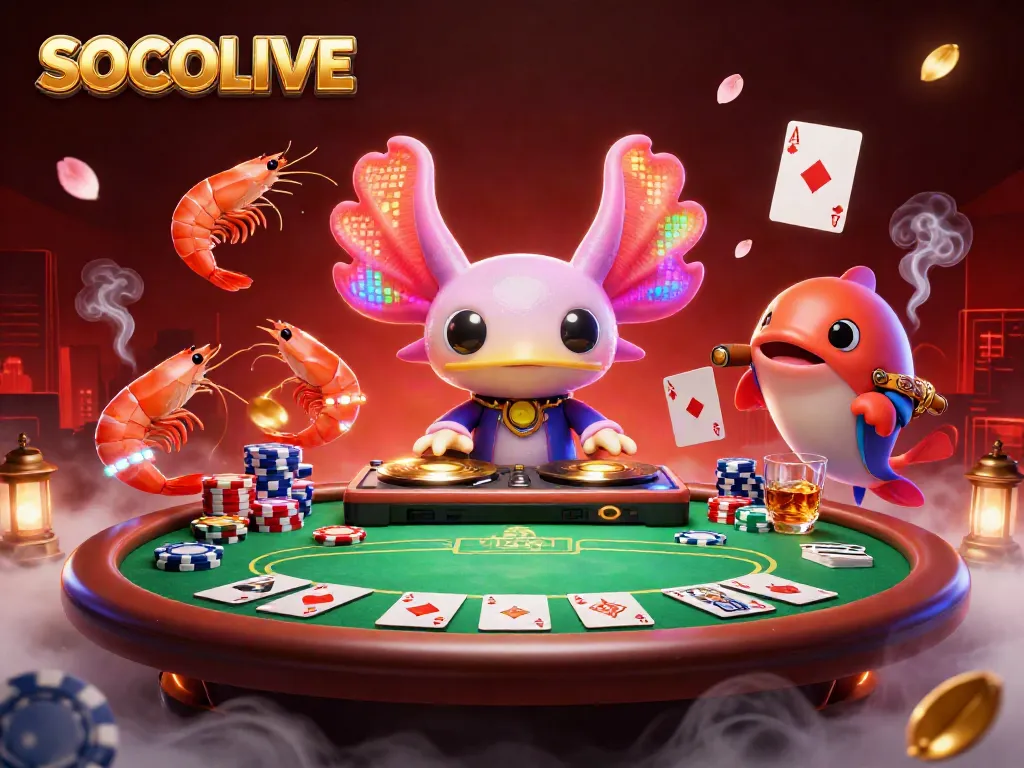 SOCOLIVE brings the excitement of poker with vibrant characters and colorful casino elements in a dynamic scene.