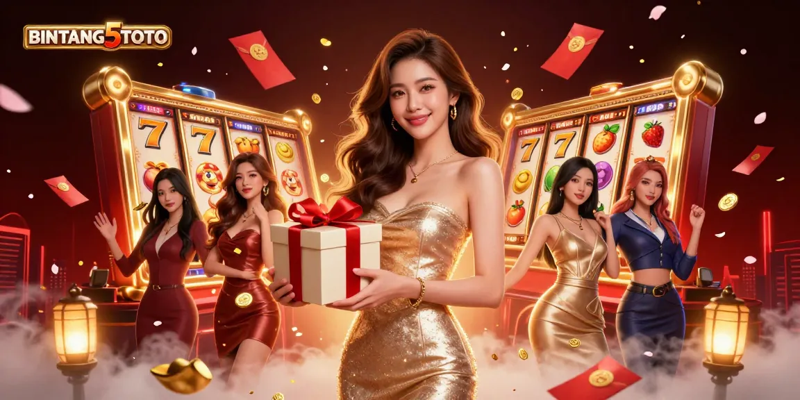 Experience the excitement of BINTANG5TOTO with vibrant casino visuals, featuring slot reels and lucky charms.