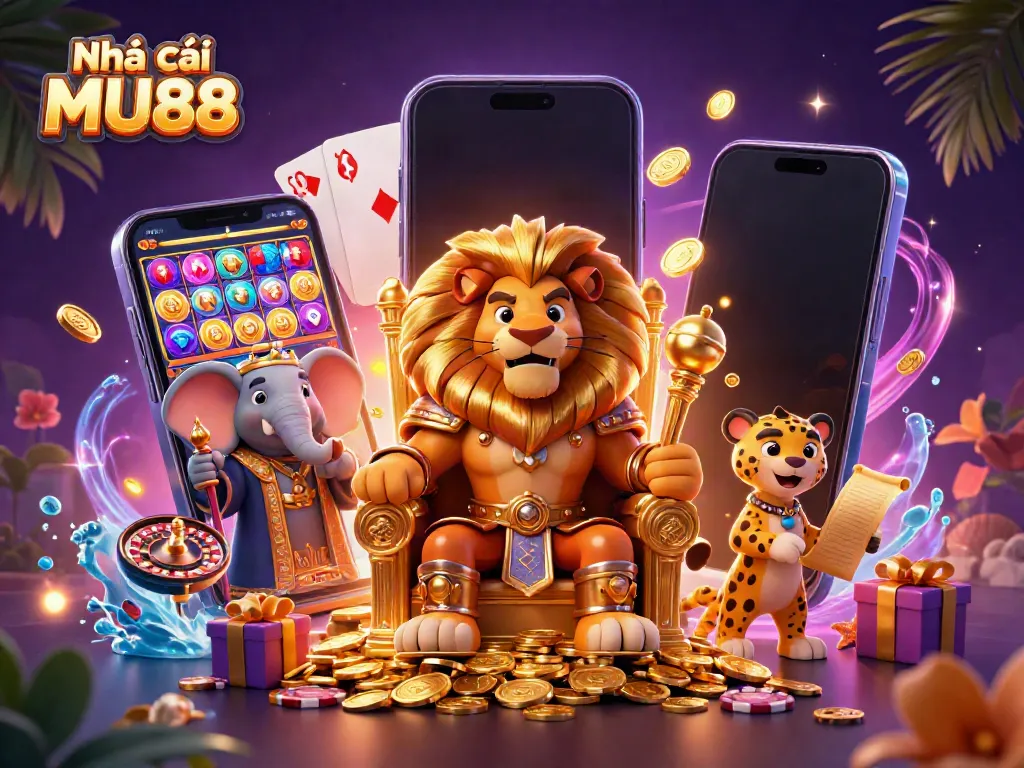 Engage with Nhà cái MU88 in a vibrant online casino scene featuring a lion king, elephant advisor, and cheetah messenger.
