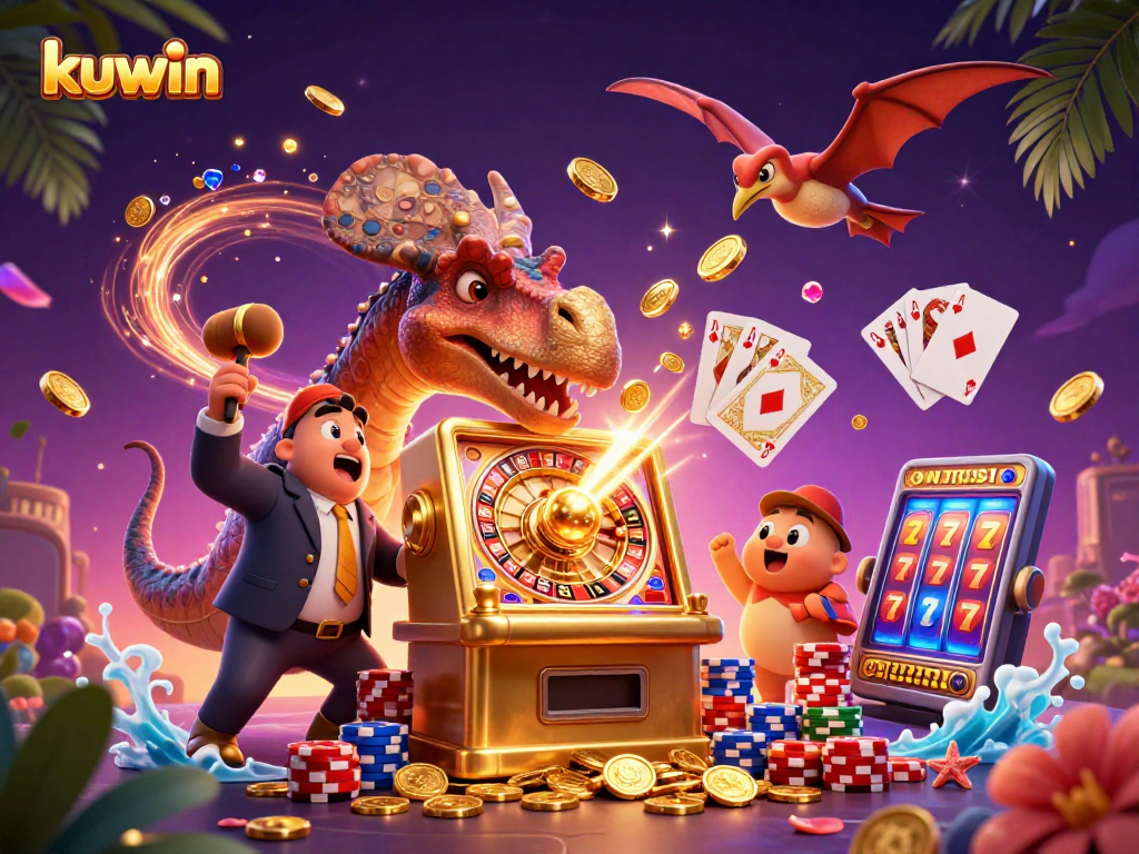 Kuwin's vibrant cartoon scene shows a pachycephalosaurus winning at slots, capturing casino excitement and action.