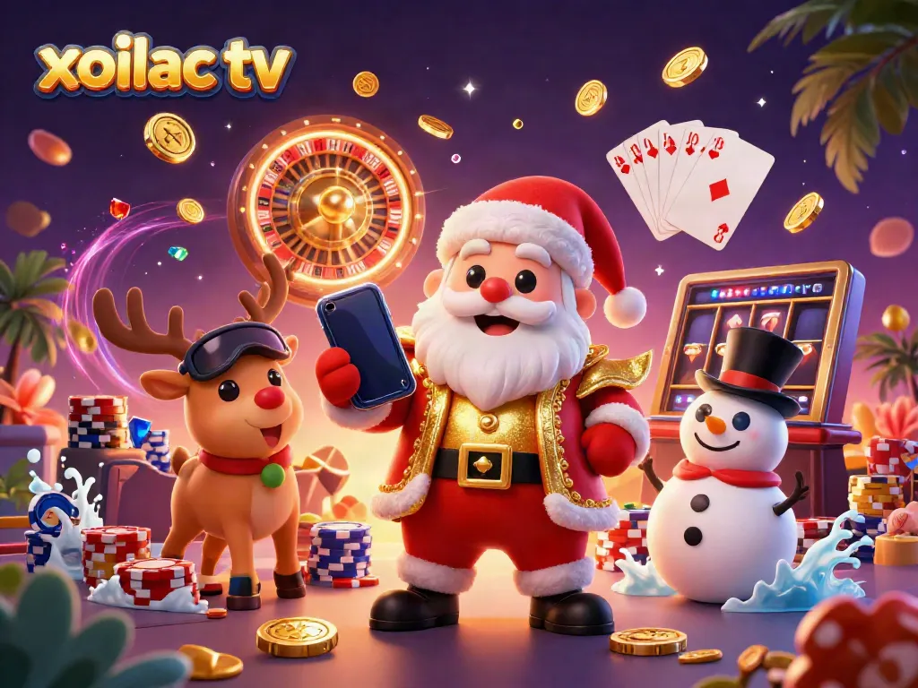 Xoilac TV brings festive excitement to gambling with Santa, reindeer, and a snowman in a vibrant casino scene.