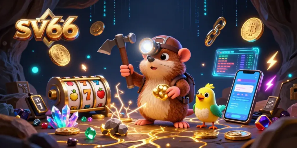 Win big at sv66 with thrilling slots and crypto elements in a vibrant 3D illustration.