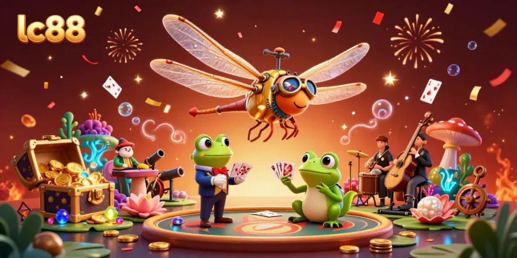 Experience the thrilling games at lc88 with a vibrant casino scene featuring a frog croupier and jazz musicians.