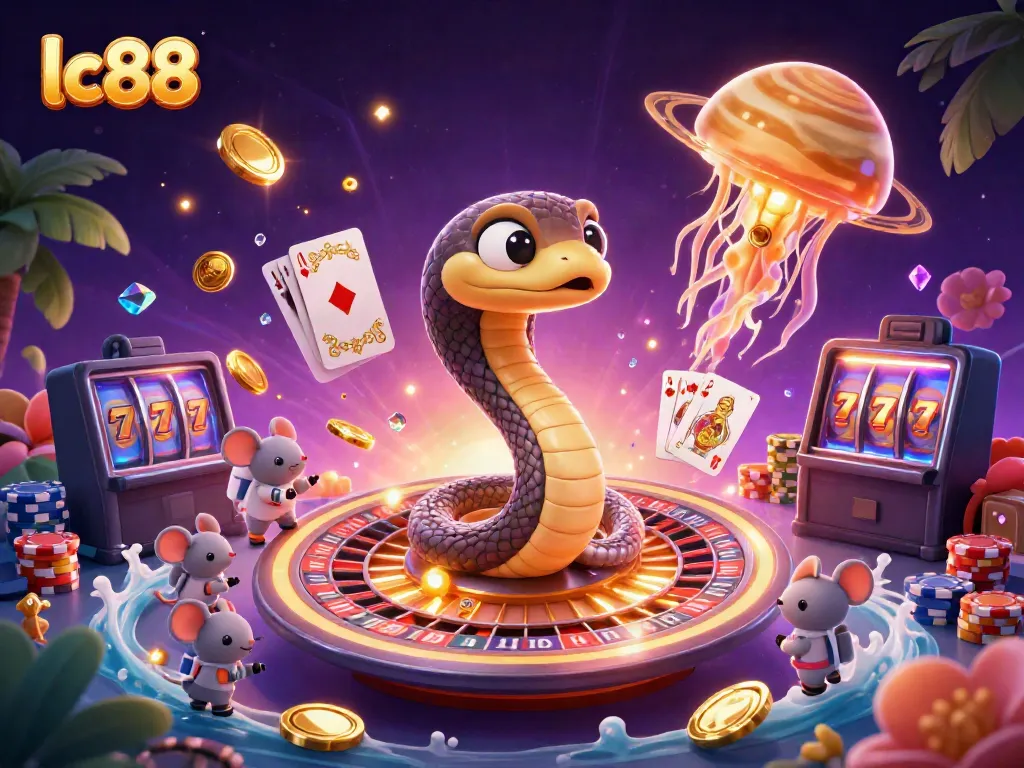 Experience the excitement of lc88 with a dazzling cosmic casino scene featuring a snake roulette wheel and astronaut mice.