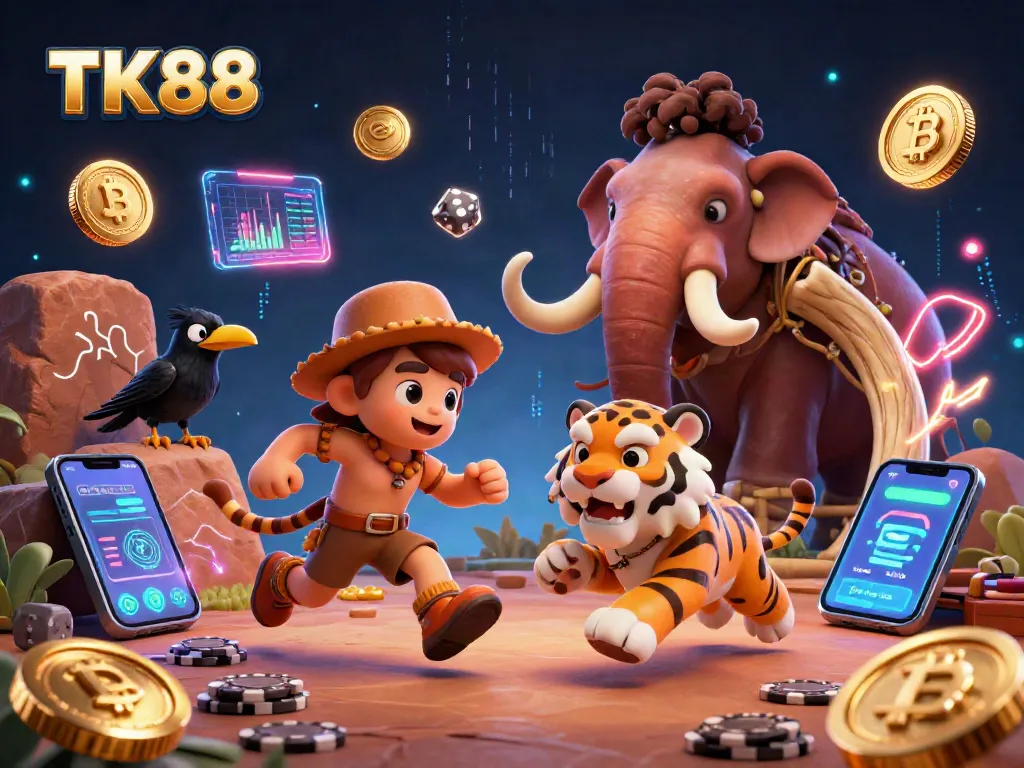 Experience the excitement of TK88 as cavemen and sabertooth illustrate an ancient casino scene.