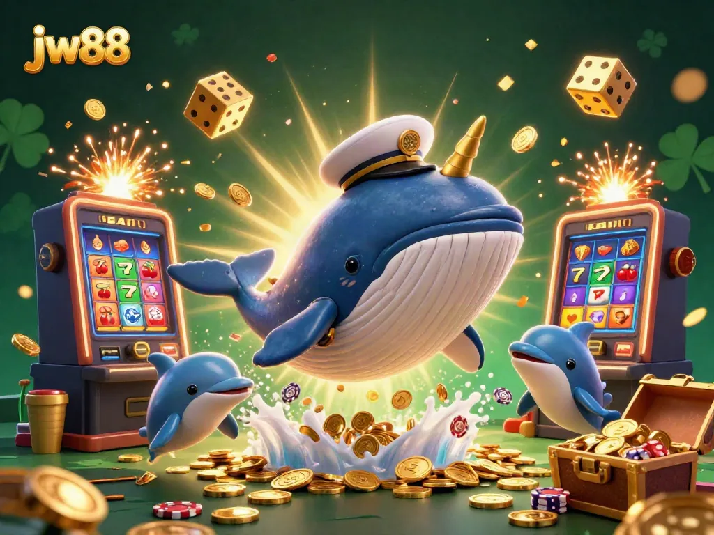 Experience the thrill of jw88 casino with a vibrant scene of a whale, narwhal, and dolphins amidst a shower of coins and slot machines.