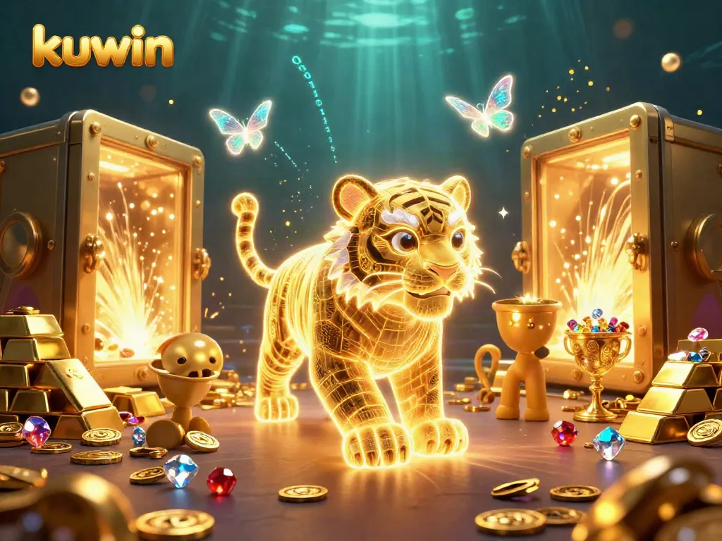 Kuwin's vibrant digital casino scene features a golden tiger navigating through treasure-filled landscapes.