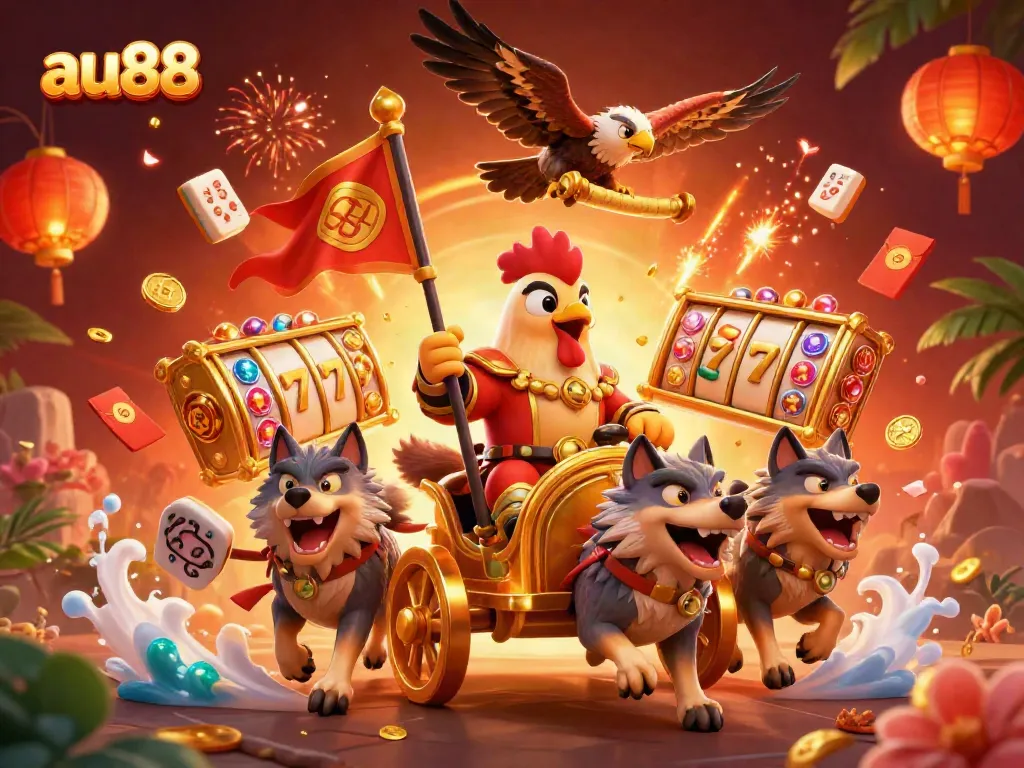 Experience exhilarating gameplay with au88 featuring a rooster warlord, jackpot slots, and vibrant casino elements.