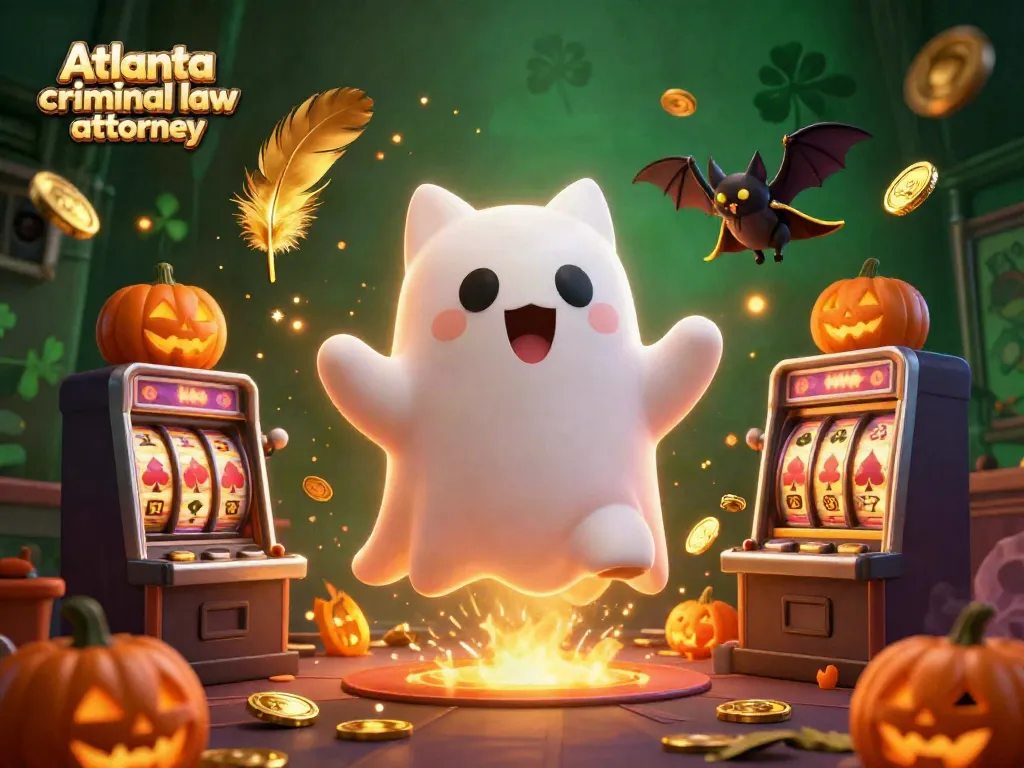 Engaging illustration for Atlanta criminal law attorney showcasing a dynamic casino scene with a ghost cat and glowing poker jack-o-lanterns.