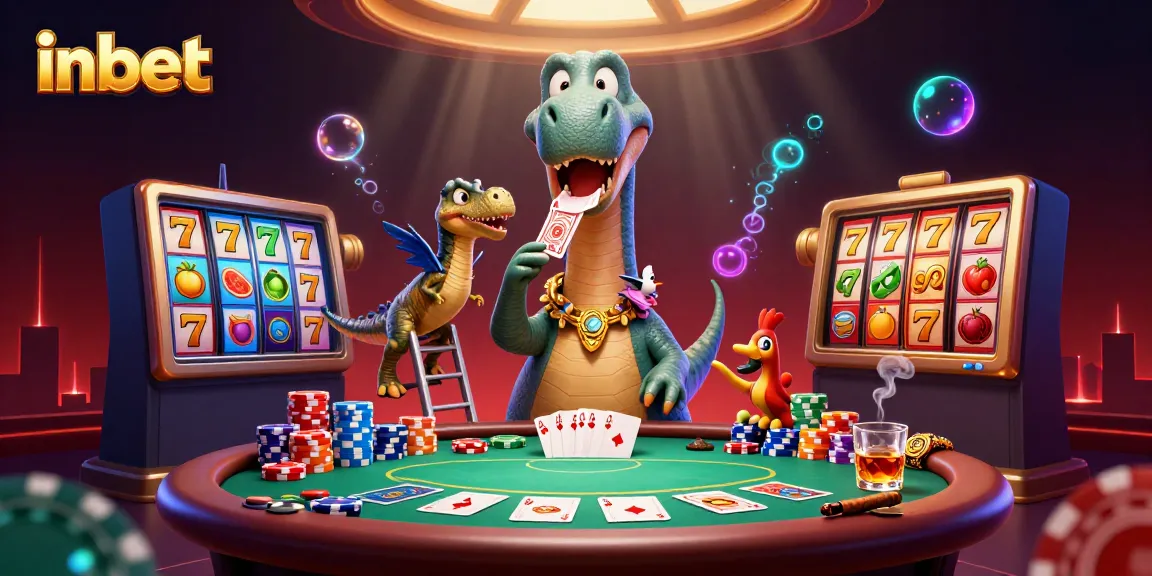 Experience the excitement of inbet's casino world with a whimsical dinosaur and dynamic gaming scene.