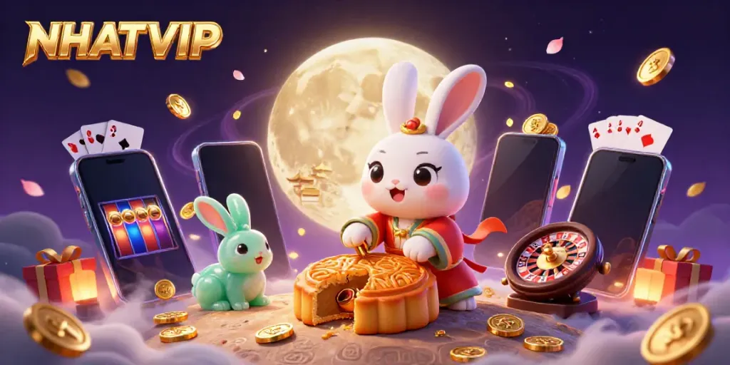 Engage in thrilling gameplay with NHATVIP's vibrant casino illustration, showcasing dynamic elements in a magical lunar setting.