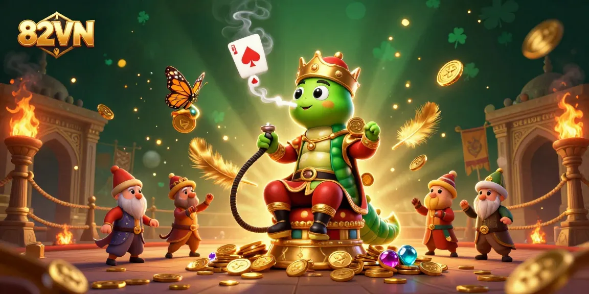 Join 82VN for thrilling casino action featuring a caterpillar hookah-master and poker-themed visuals.