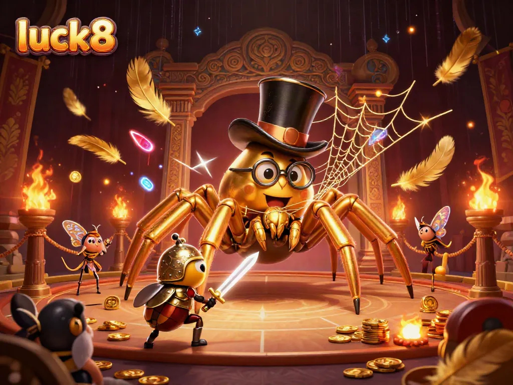 Engaging luck8 casino scene with a golden tarantula and beetle knight amidst vibrant gaming elements.