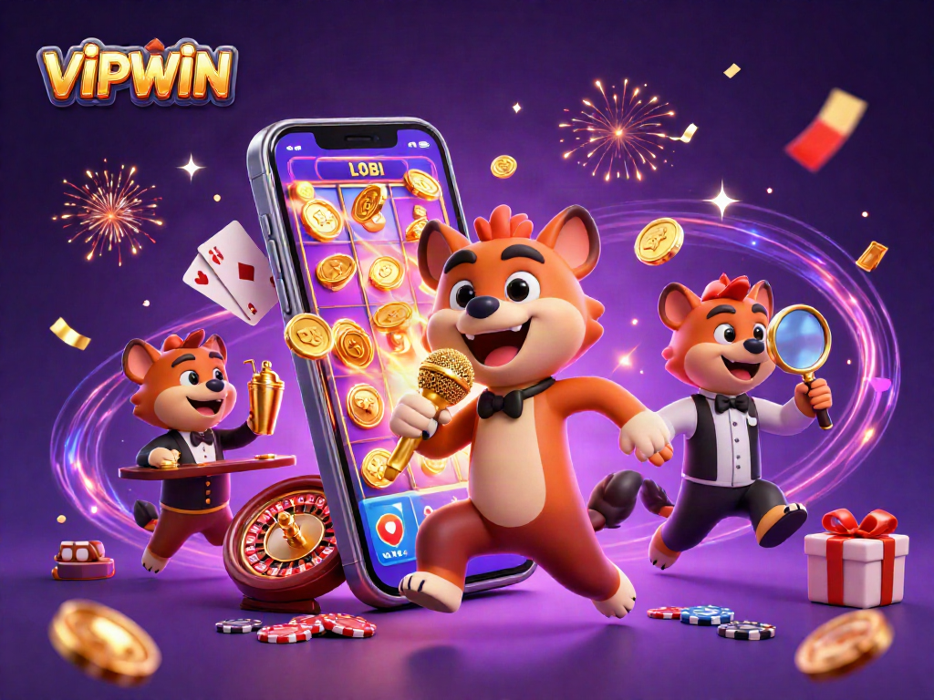 Join the fun at VIPWIN as hyenas mix drinks, tell jokes, and check IDs in a vibrant casino scene.