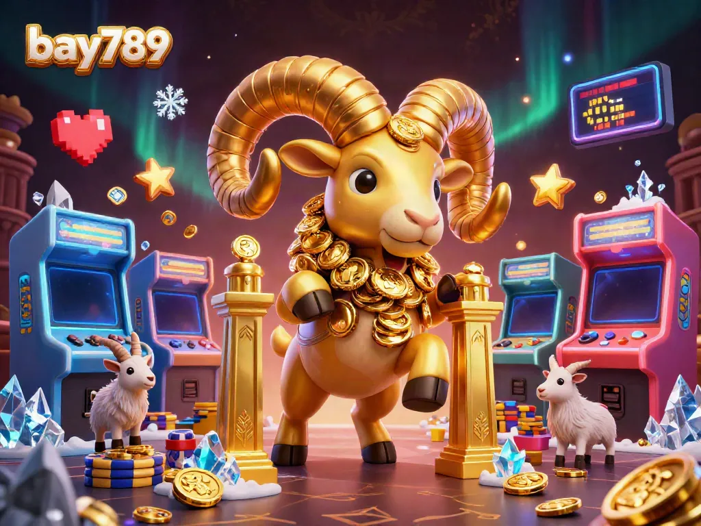 Engage in thrilling gaming with bay789, featuring a golden ram and vibrant arcade machines.