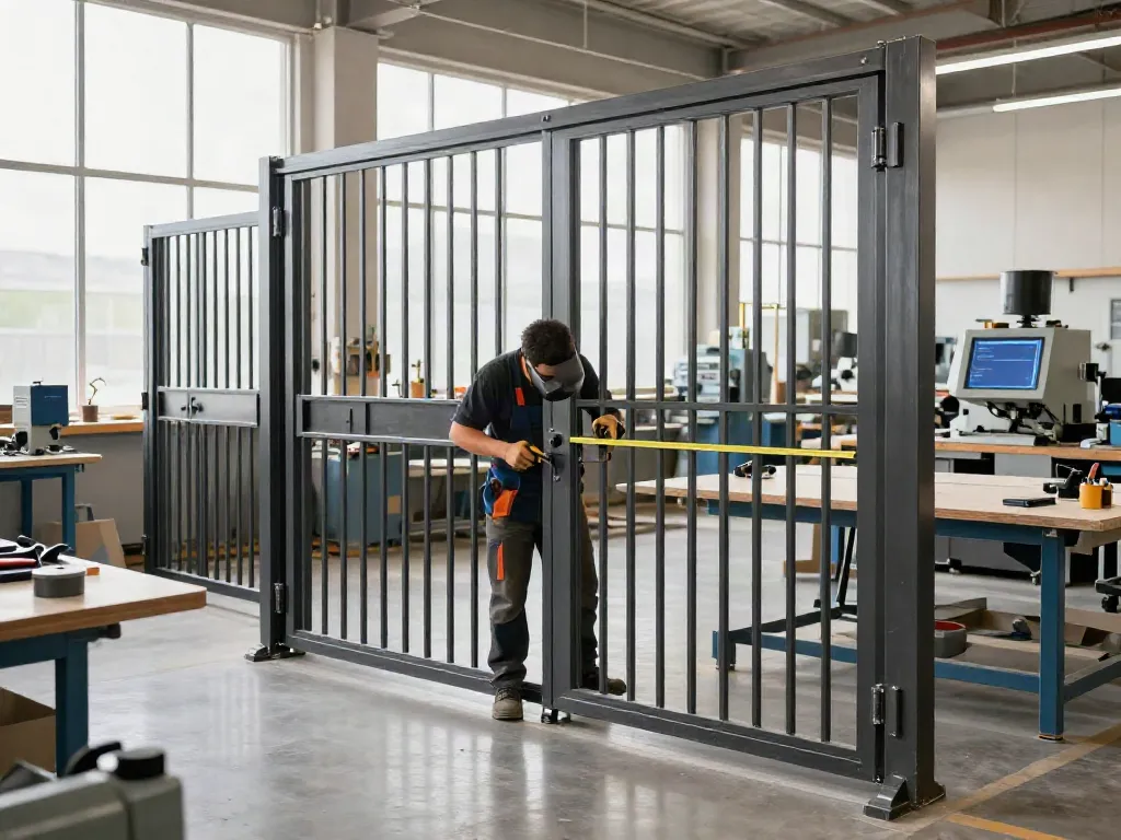 Artisan at Al taher carepentry and aluminium workshop crafting metal gates with precision tools.