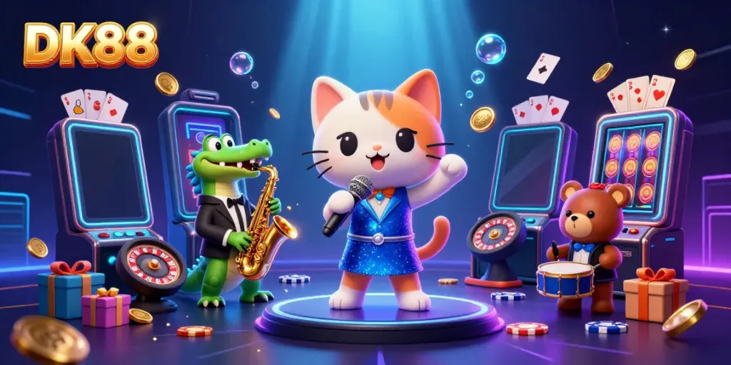 DK88 showcases an exciting casino scene with animated characters and vibrant gaming elements.