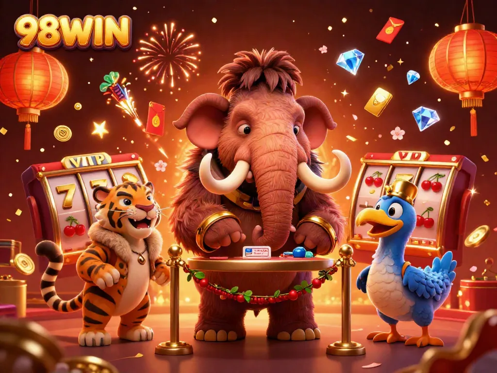 Experience the excitement of 98WIN with a dazzling casino scene featuring lively characters and vibrant game elements.