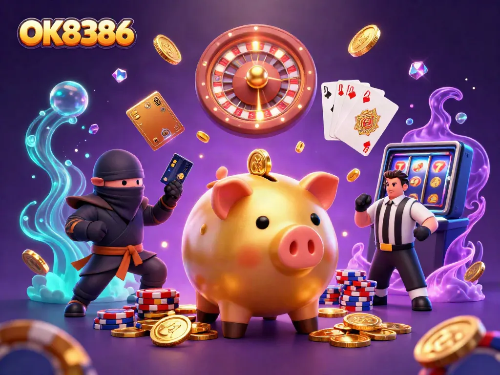 OK8386 jackpot scene featuring a sumo wrestler piggy bank, wallet ninja, and samurai with flying coins and cards.