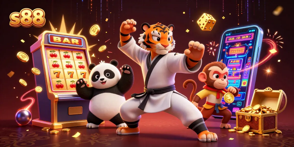 Engage in slots at s88 with a kung fu tiger, panda, and monkey amidst vibrant casino elements.