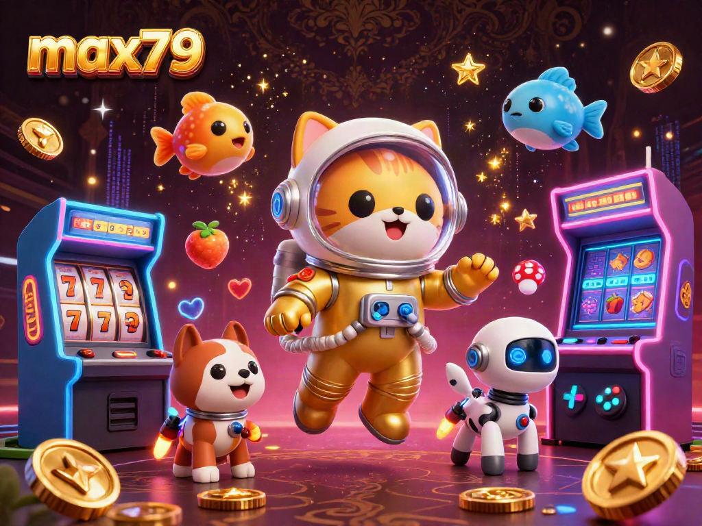 Gamble with max79 in a vibrant 3D casino scene featuring charismatic characters and dynamic gaming elements.