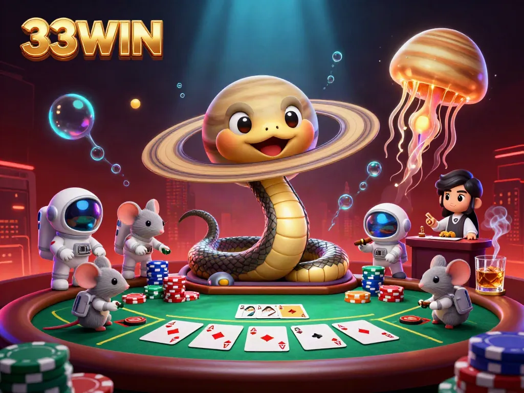 Bet on 33WIN with vibrant casino action featuring astronaut mice and colorful gaming elements.