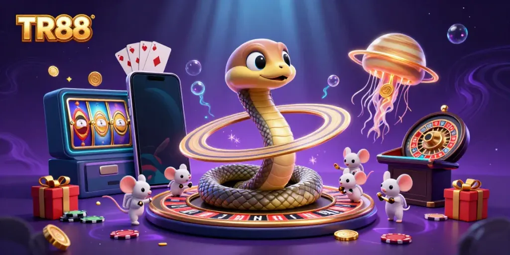 Experience the excitement of TR88 with astronaut mice betting on a Saturn roulette wheel in this vivid 3D scene.