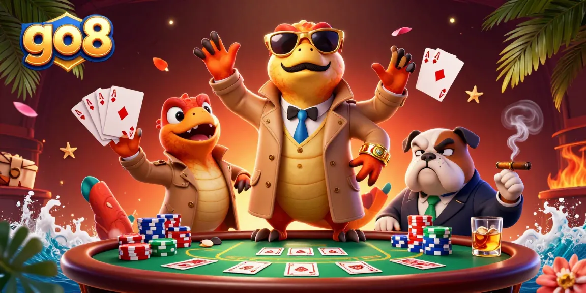 Raptors sneak into a VIP casino lounge while showcasing go8 poker excitement with vibrant casino elements.