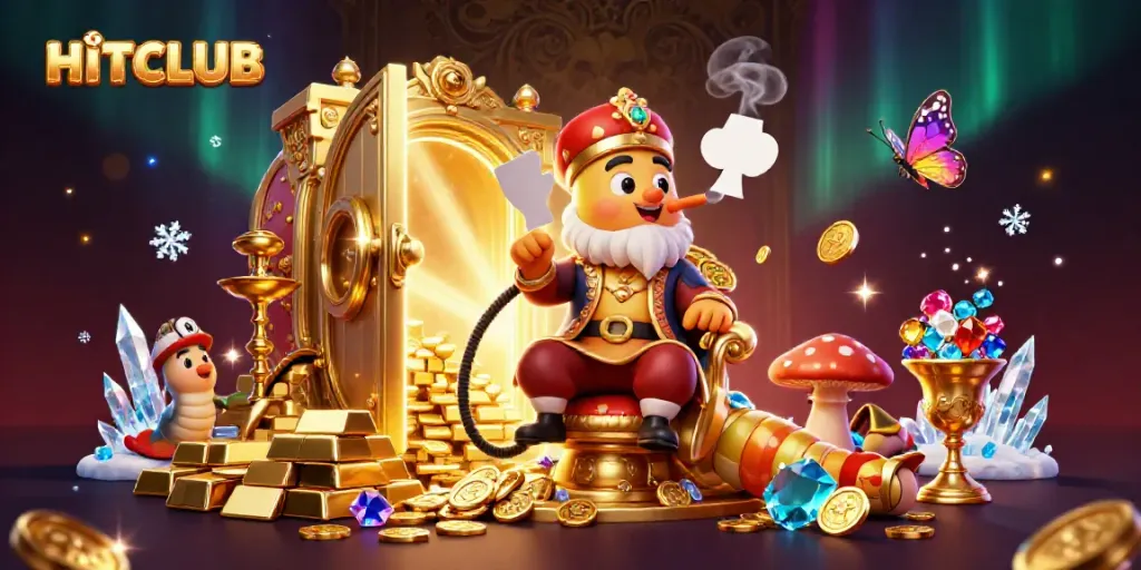 Experience HITCLUB excitement with vibrant casino-themed characters and treasure in a 3D scene.