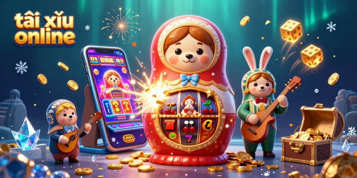 Engage in tài xỉu online with vibrant casino characters, slots, and festive coins exploding around.