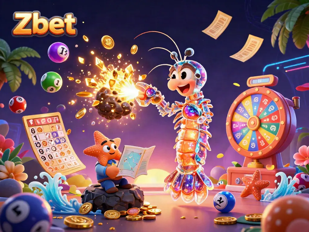 Experience exciting gameplay with Zbet, a vibrant 3D illustration of a mantis shrimp and starfish, showcasing thrilling casino elements.