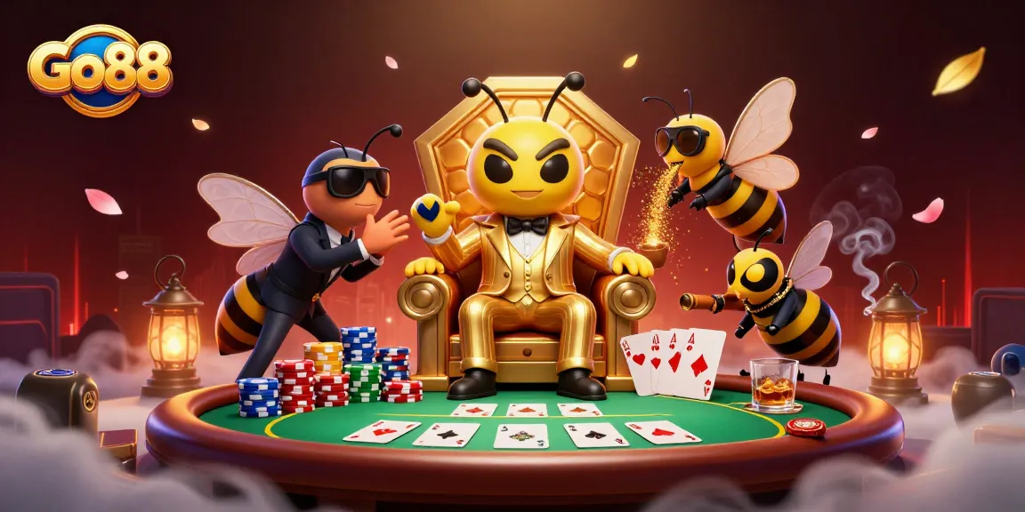 Go88 showcases a vibrant casino scene featuring a bumblebee mob boss and poker elements that excite players.
