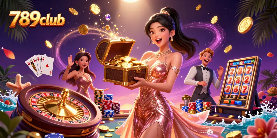 Experience excitement at 789club with treasures and coins showering in a vibrant casino scene.