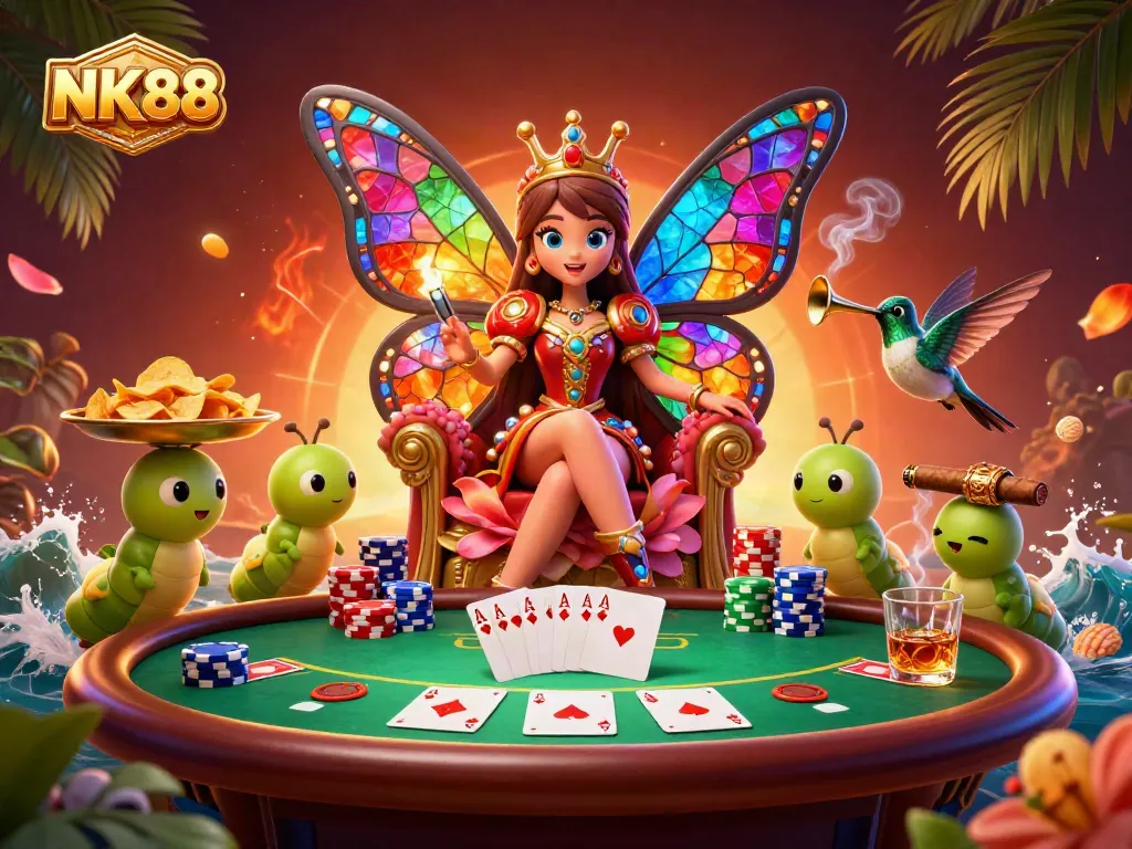 Experience NK88 gaming royalty with a vibrant butterfly queen among poker elements.