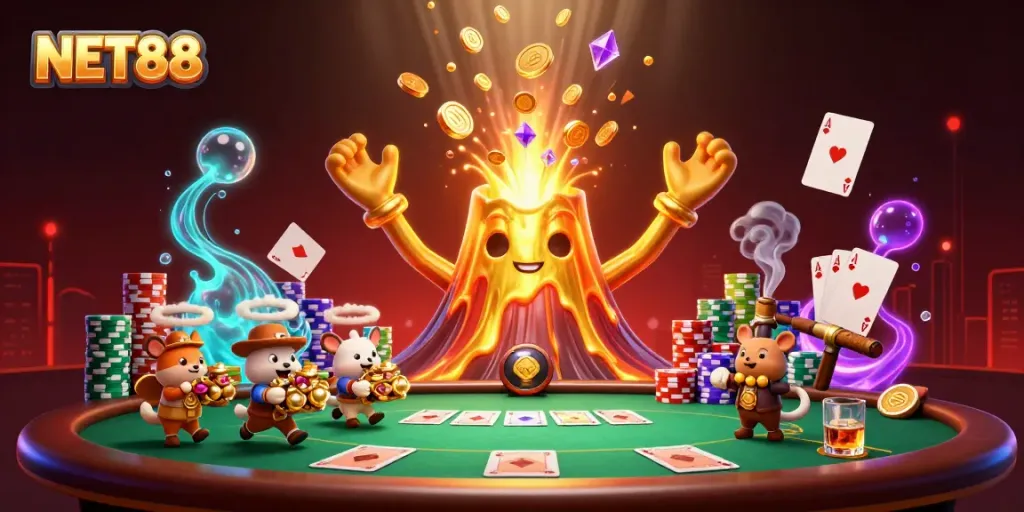 Experience the thrill of NET88 with a victorious golden volcano amidst treasure, poker elements, and excitement.