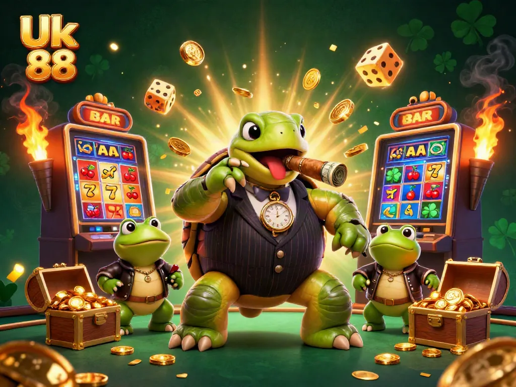 Experience the excitement with Uk 88, featuring a dynamic casino scene of winning characters and games.
