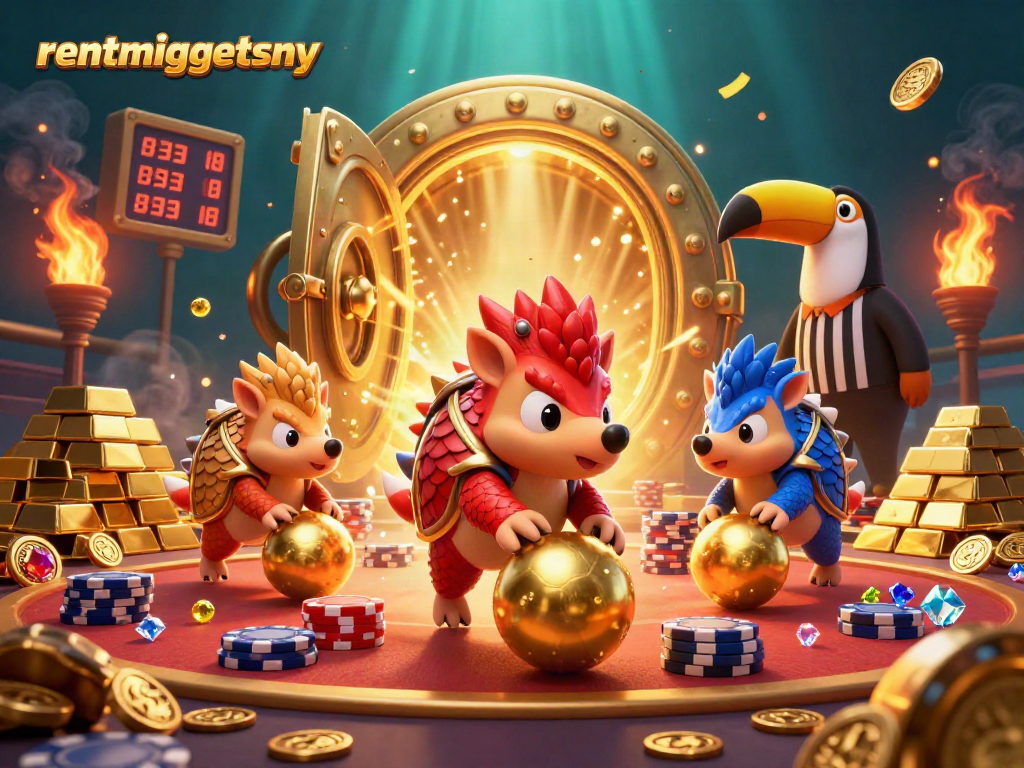 Rentmidgetsny features cartoon pangolins competing with poker chips and gleaming treasures in this vibrant casino scene.