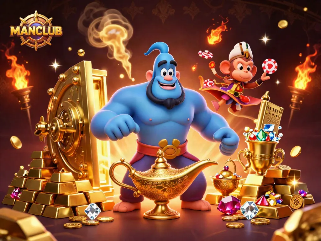 Experience MANCLUB with a magical genie, treasures, and vibrant casino elements in this captivating scene.