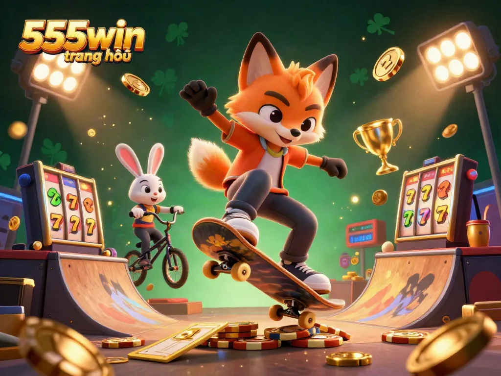Discover thrilling action at 555win trang chủ featuring a skateboarder fox and BMX rabbit amidst casino symbols.