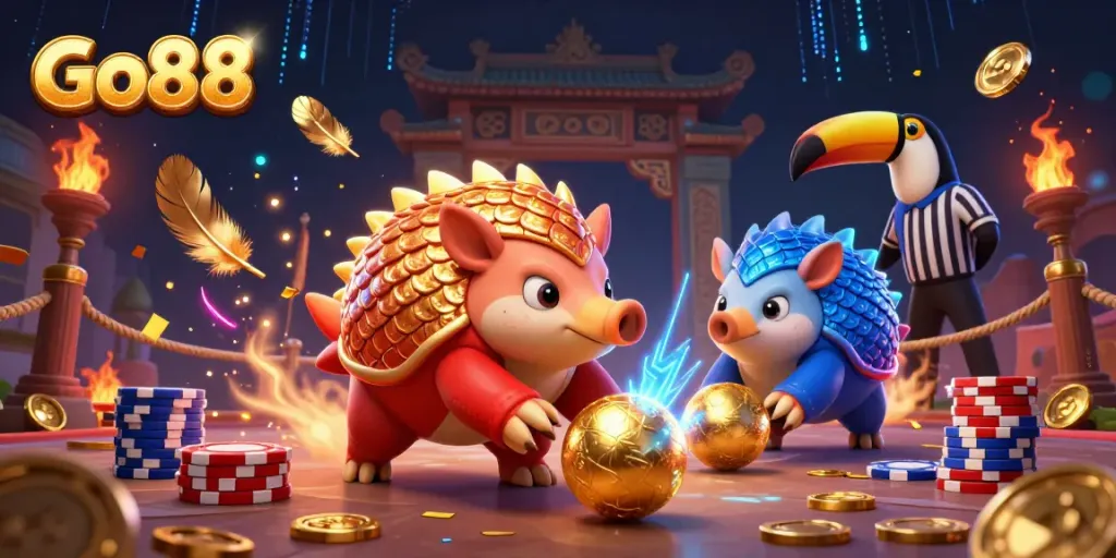 Engaging Go88 illustration of rival pangolins in action bowling through poker chips, embodying a vibrant gaming atmosphere.