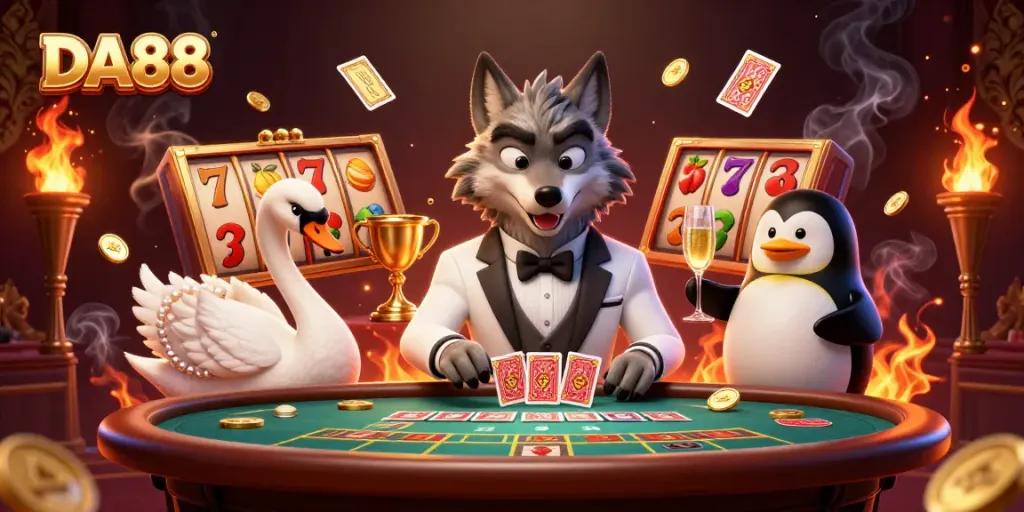 Win big with DA88 at the baccarat table in this vibrant casino scene illustrating excitement and strategy.