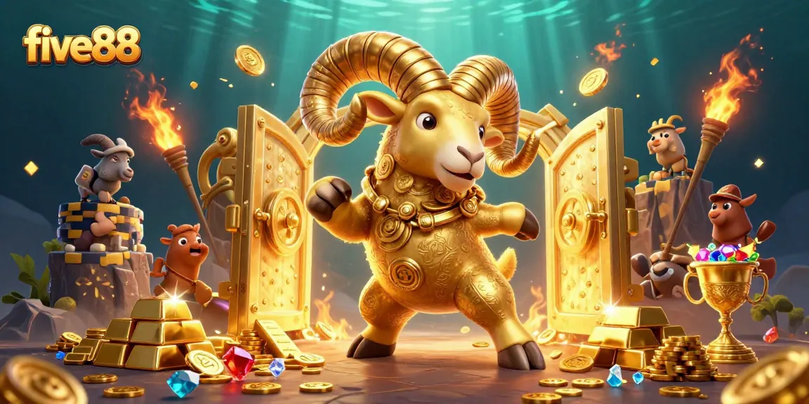 Experience the thrilling five88 casino adventure with a golden ram charging through treasure.