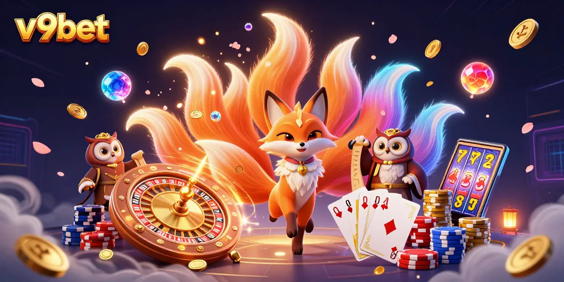 Engage in action at v9bet with a vibrant 3D scene showcasing dynamic casino elements and enchanting characters.