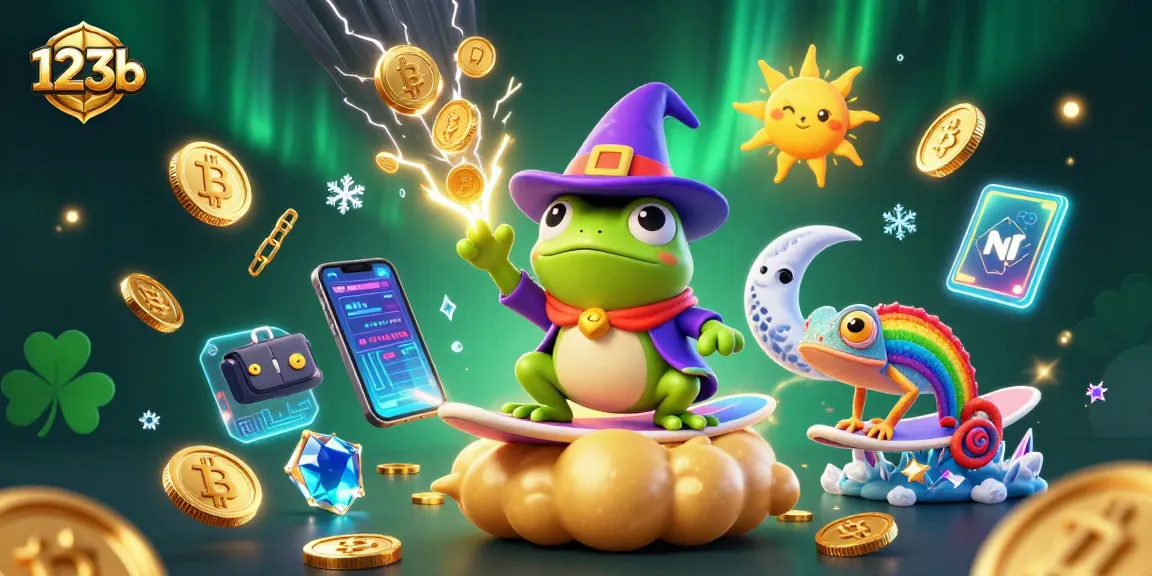 Spin the reels with 123b as the cartoon wizard frog conjures gold coins in a vibrant casino scene.