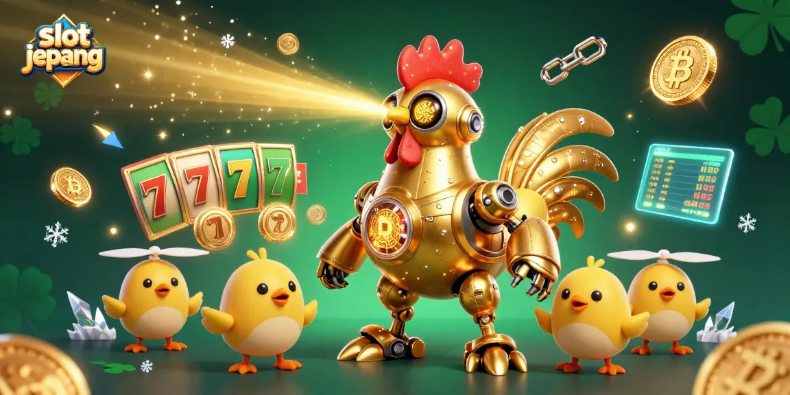 Experience the thrilling action of slot jepang with golden rooster robots and dazzling casino elements.