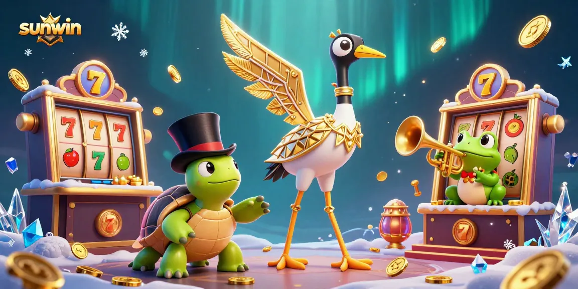 Engage with sunwin's vibrant casino scene featuring a unique flapper crane, top-hat turtle, and melodious frog.